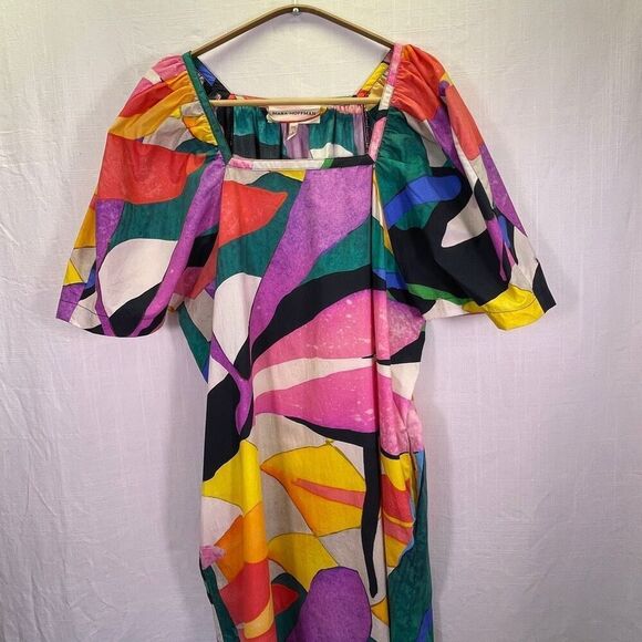 Mara Hoffman Multicolor Sara Printed Puff Sleeve Cotton Poplin Midi Dress Sz XXS - Picture 2 of 12